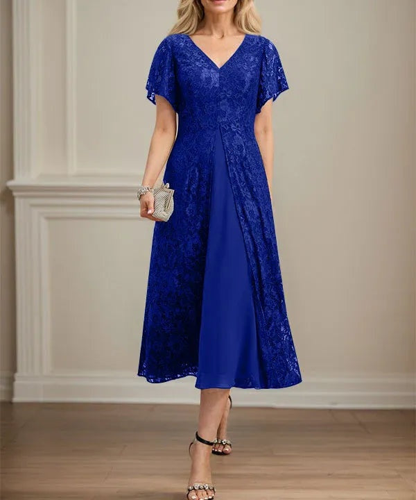 A-line V-Neck Tea-Length Lace Chiffon Mother of the Bride Dress