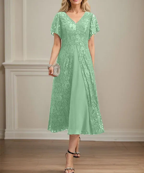 A-line V-Neck Tea-Length Lace Chiffon Mother of the Bride Dress
