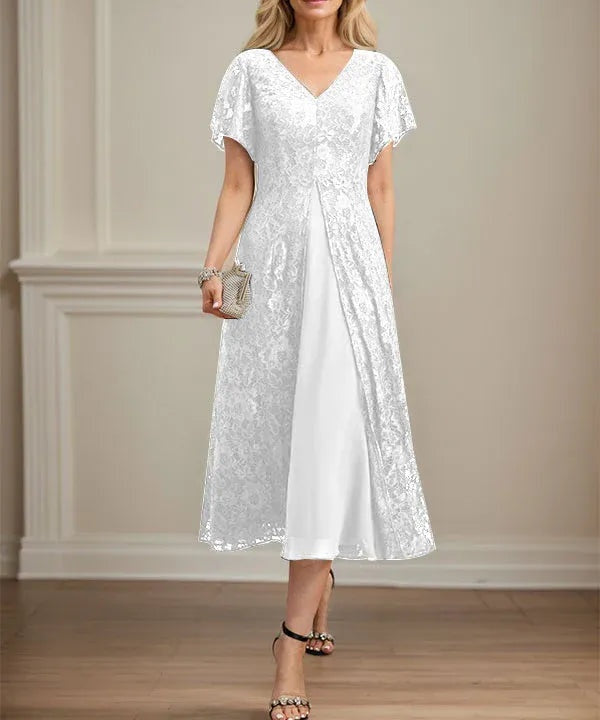 A-line V-Neck Tea-Length Lace Chiffon Mother of the Bride Dress