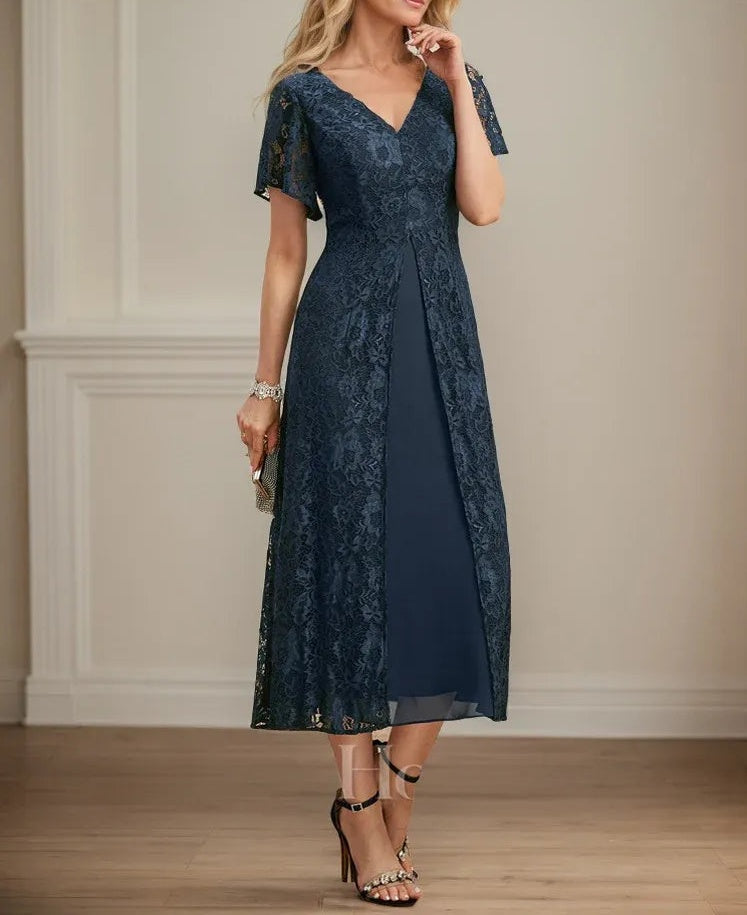 A-line V-Neck Tea-Length Lace Chiffon Mother of the Bride Dress