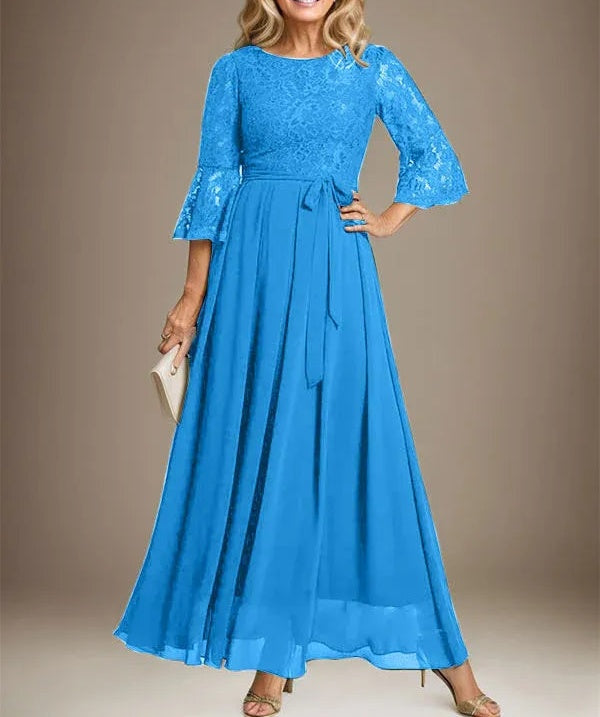 A-line Scoop Ankle-Length Lace Chiffon Mother of the Bride Dress With Bow