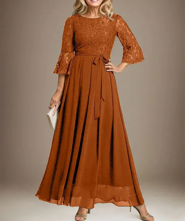 A-line Scoop Ankle-Length Lace Chiffon Mother of the Bride Dress With Bow
