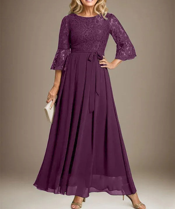 A-line Scoop Ankle-Length Lace Chiffon Mother of the Bride Dress With Bow