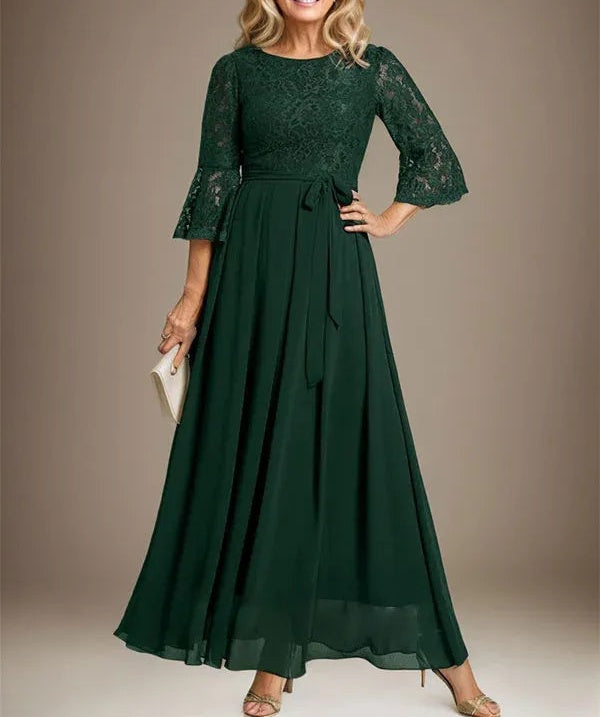 A-line Scoop Ankle-Length Lace Chiffon Mother of the Bride Dress With Bow
