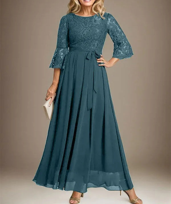 A-line Scoop Ankle-Length Lace Chiffon Mother of the Bride Dress With Bow