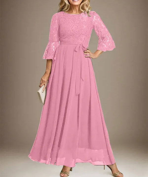 A-line Scoop Ankle-Length Lace Chiffon Mother of the Bride Dress With Bow
