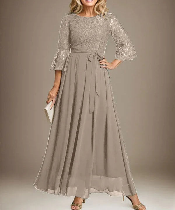 A-line Scoop Ankle-Length Lace Chiffon Mother of the Bride Dress With Bow