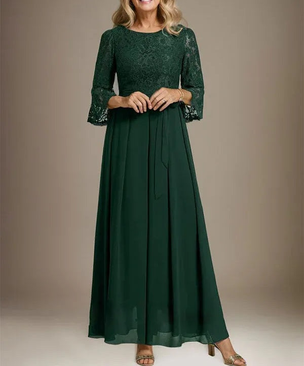 A-line Scoop Ankle-Length Lace Chiffon Mother of the Bride Dress With Bow