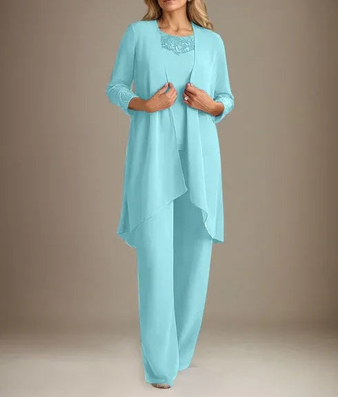 Chiffon Scoop Long Sleeves Mother Of The Bride Pantsuits With Jacket