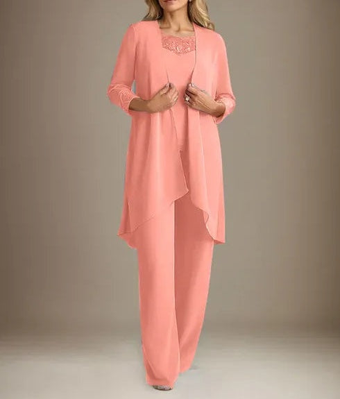 Chiffon Scoop Long Sleeves Mother Of The Bride Pantsuits With Jacket