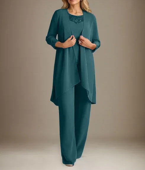 Chiffon Scoop Long Sleeves Mother Of The Bride Pantsuits With Jacket