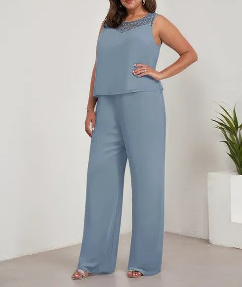 Chiffon Scoop Long Sleeves Mother Of The Bride Pantsuits With Jacket
