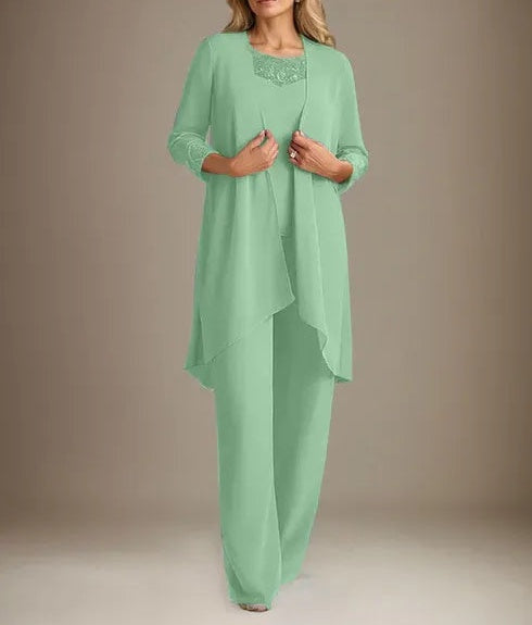 Chiffon Scoop Long Sleeves Mother Of The Bride Pantsuits With Jacket