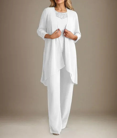 Chiffon Scoop Long Sleeves Mother Of The Bride Pantsuits With Jacket