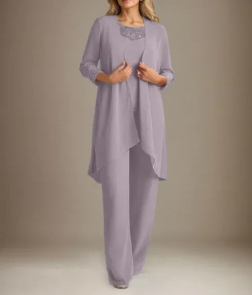 Chiffon Scoop Long Sleeves Mother Of The Bride Pantsuits With Jacket