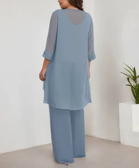 Chiffon Scoop Long Sleeves Mother Of The Bride Pantsuits With Jacket