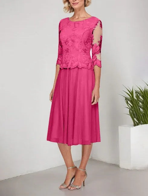 A-line Scoop Tea-Length Lace Chiffon Mother of the Bride Dress With Embroidery