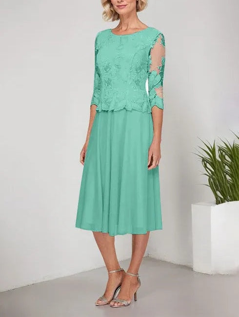 A-line Scoop Tea-Length Lace Chiffon Mother of the Bride Dress With Embroidery