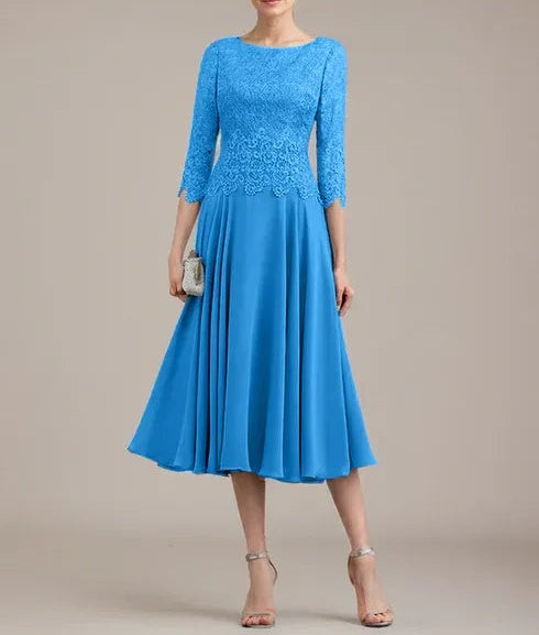 A-line Scoop Tea-Length Lace Chiffon Mother of the Bride Dress