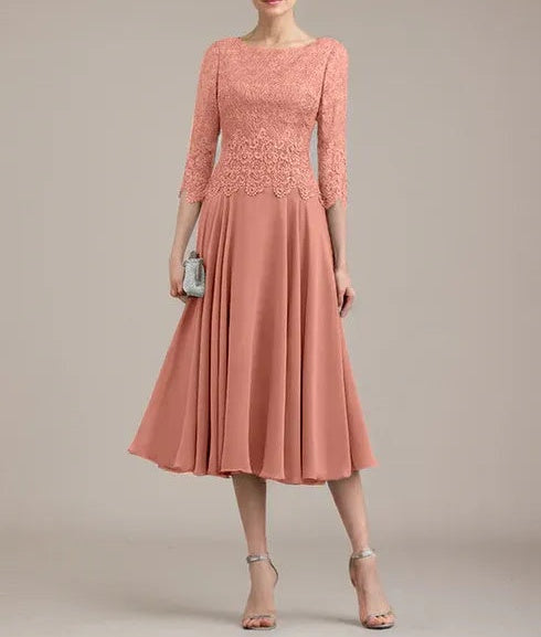 A-line Scoop Tea-Length Lace Chiffon Mother of the Bride Dress