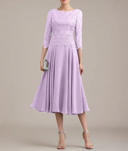 A-line Scoop Tea-Length Lace Chiffon Mother of the Bride Dress