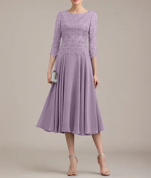 A-line Scoop Tea-Length Lace Chiffon Mother of the Bride Dress