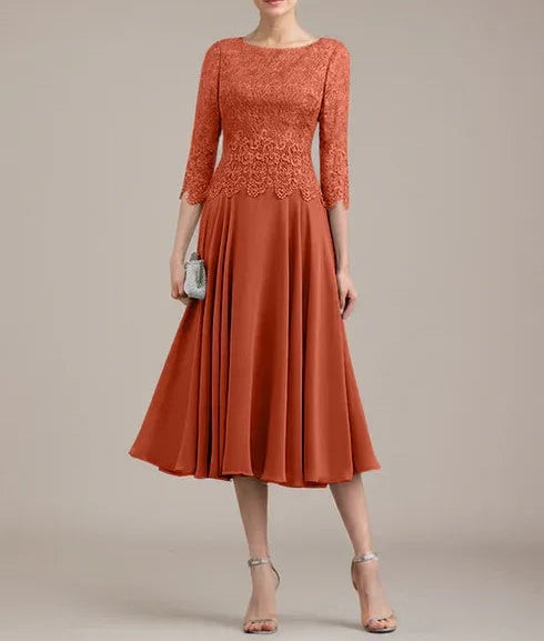 A-line Scoop Tea-Length Lace Chiffon Mother of the Bride Dress