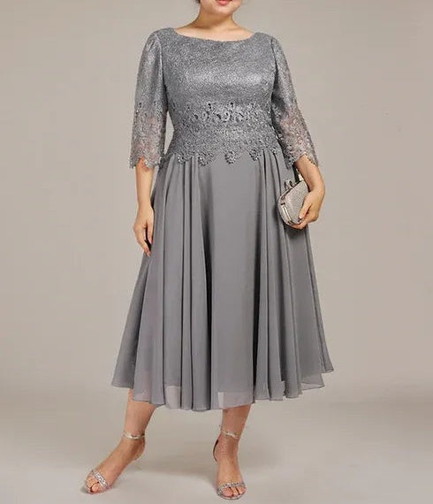 A-line Scoop Tea-Length Lace Chiffon Mother of the Bride Dress