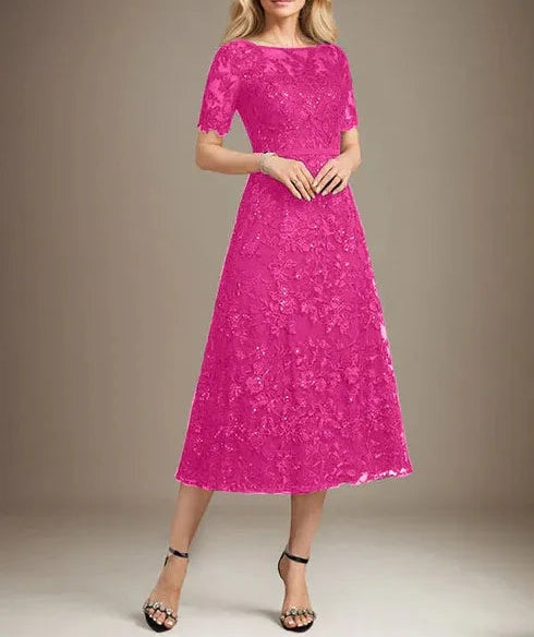 A-line Scoop Illusion Tea-Length Lace Mother of the Bride Dress With Sequins