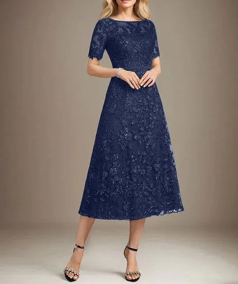 A-line Scoop Illusion Tea-Length Lace Mother of the Bride Dress With Sequins