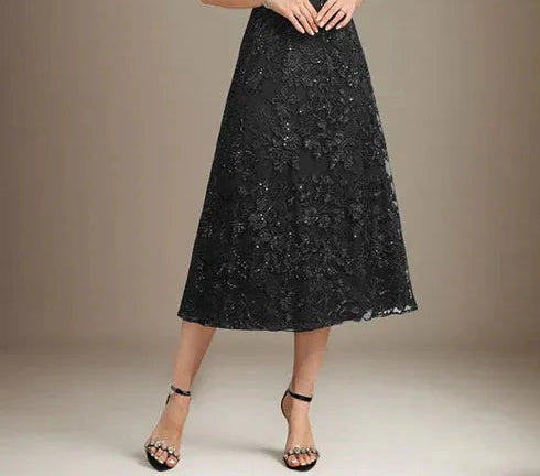 A-line Scoop Illusion Tea-Length Lace Mother of the Bride Dress With Sequins