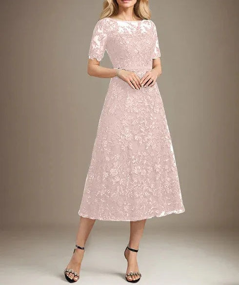 A-line Scoop Illusion Tea-Length Lace Mother of the Bride Dress With Sequins