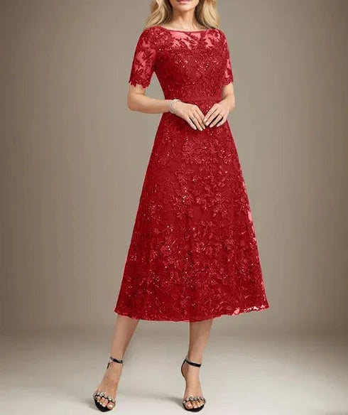 A-line Scoop Illusion Tea-Length Lace Mother of the Bride Dress With Sequins