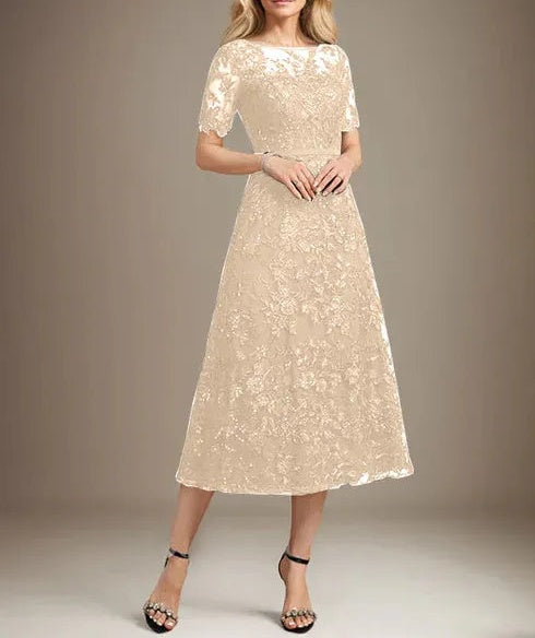 A-line Scoop Illusion Tea-Length Lace Mother of the Bride Dress With Sequins