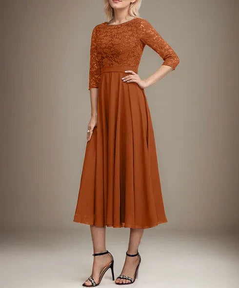 A-line Scoop Tea-Length Lace Chiffon Mother of the Bride Dress With Sequins