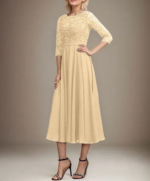 A-line Scoop Tea-Length Lace Chiffon Mother of the Bride Dress With Sequins