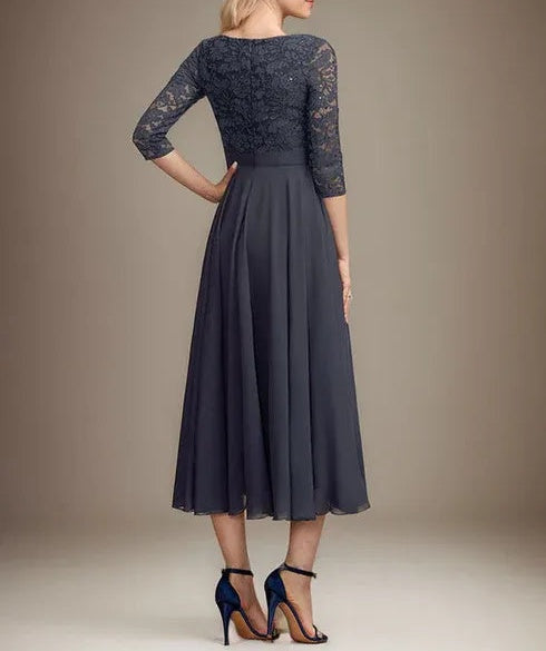 A-line Scoop Tea-Length Lace Chiffon Mother of the Bride Dress With Sequins