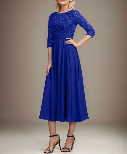 A-line Scoop Tea-Length Lace Chiffon Mother of the Bride Dress With Sequins