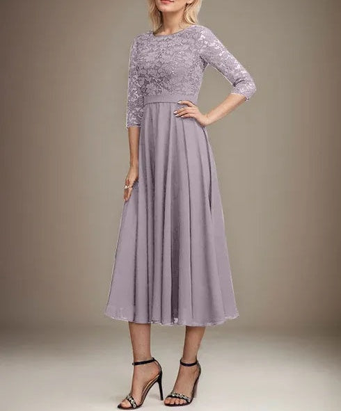 A-line Scoop Tea-Length Lace Chiffon Mother of the Bride Dress With Sequins