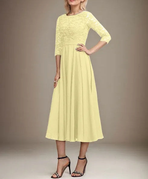 A-line Scoop Tea-Length Lace Chiffon Mother of the Bride Dress With Sequins