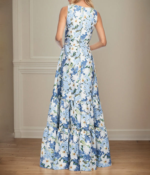 A-Line V-Neck Sleeveless Azure Floral Mother of the Bride Dress