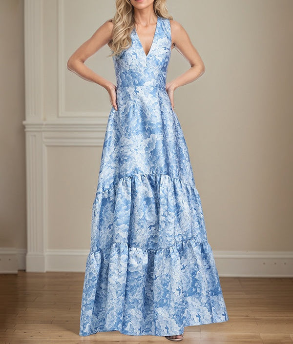 A-Line V-Neck Light Bue Floral Satin Mother of the Bride Dress