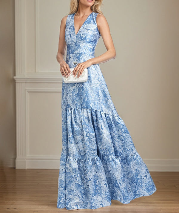 A-Line V-Neck Light Bue Floral Satin Mother of the Bride Dress