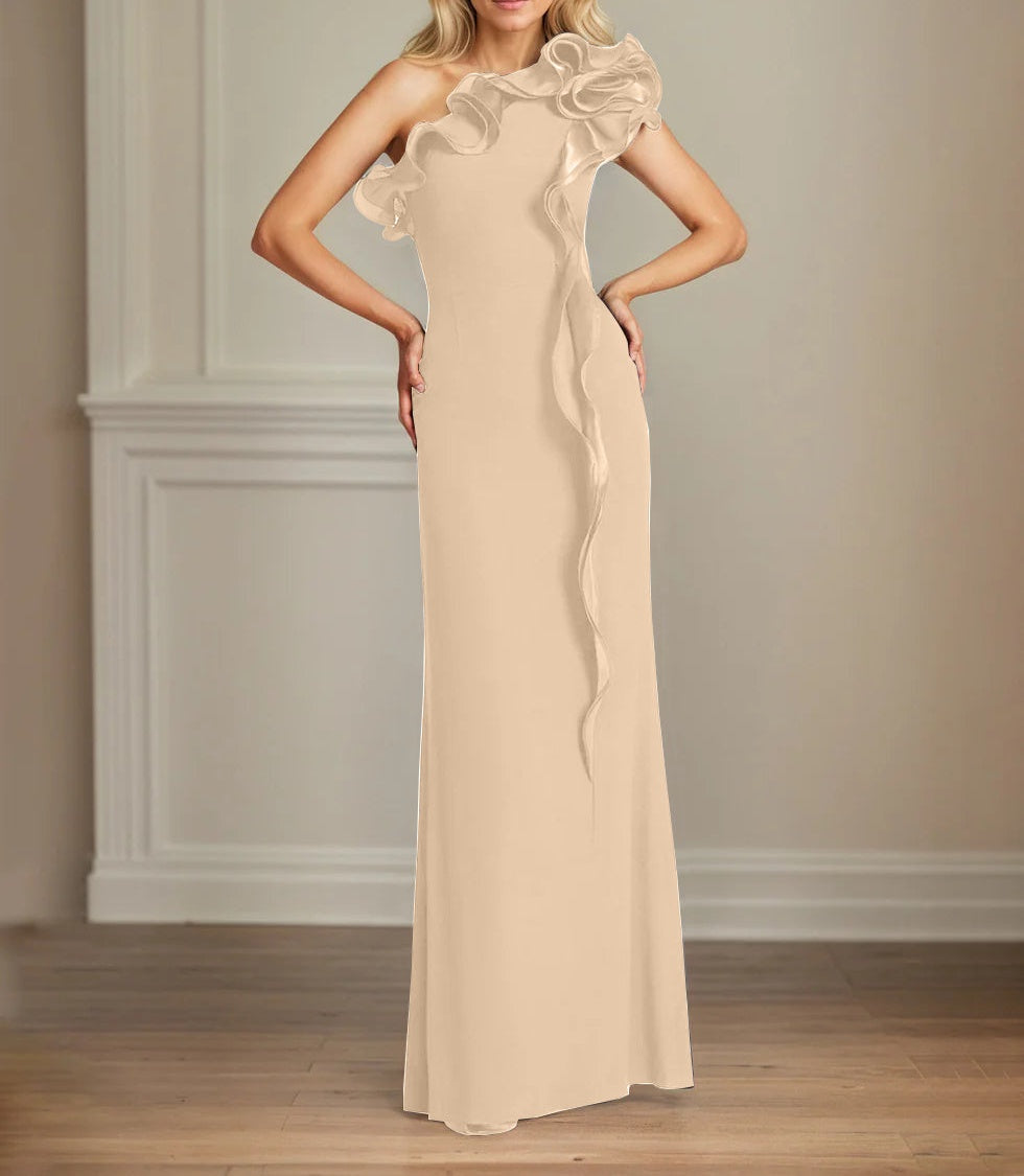 Navy Stretch Crepe Sheath/Column One Shoulder Floor Length Mother of the Bride Dresses With Ruffles