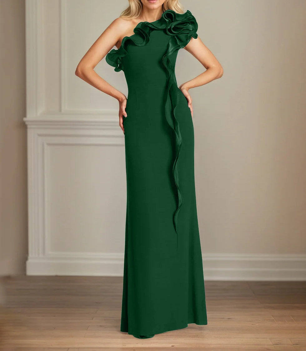 Navy Stretch Crepe Sheath/Column One Shoulder Floor Length Mother of the Bride Dresses With Ruffles