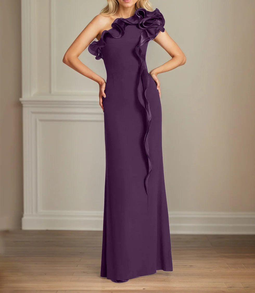Navy Stretch Crepe Sheath/Column One Shoulder Floor Length Mother of the Bride Dresses With Ruffles