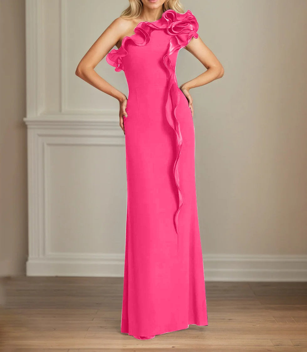 Navy Stretch Crepe Sheath/Column One Shoulder Floor Length Mother of the Bride Dresses With Ruffles