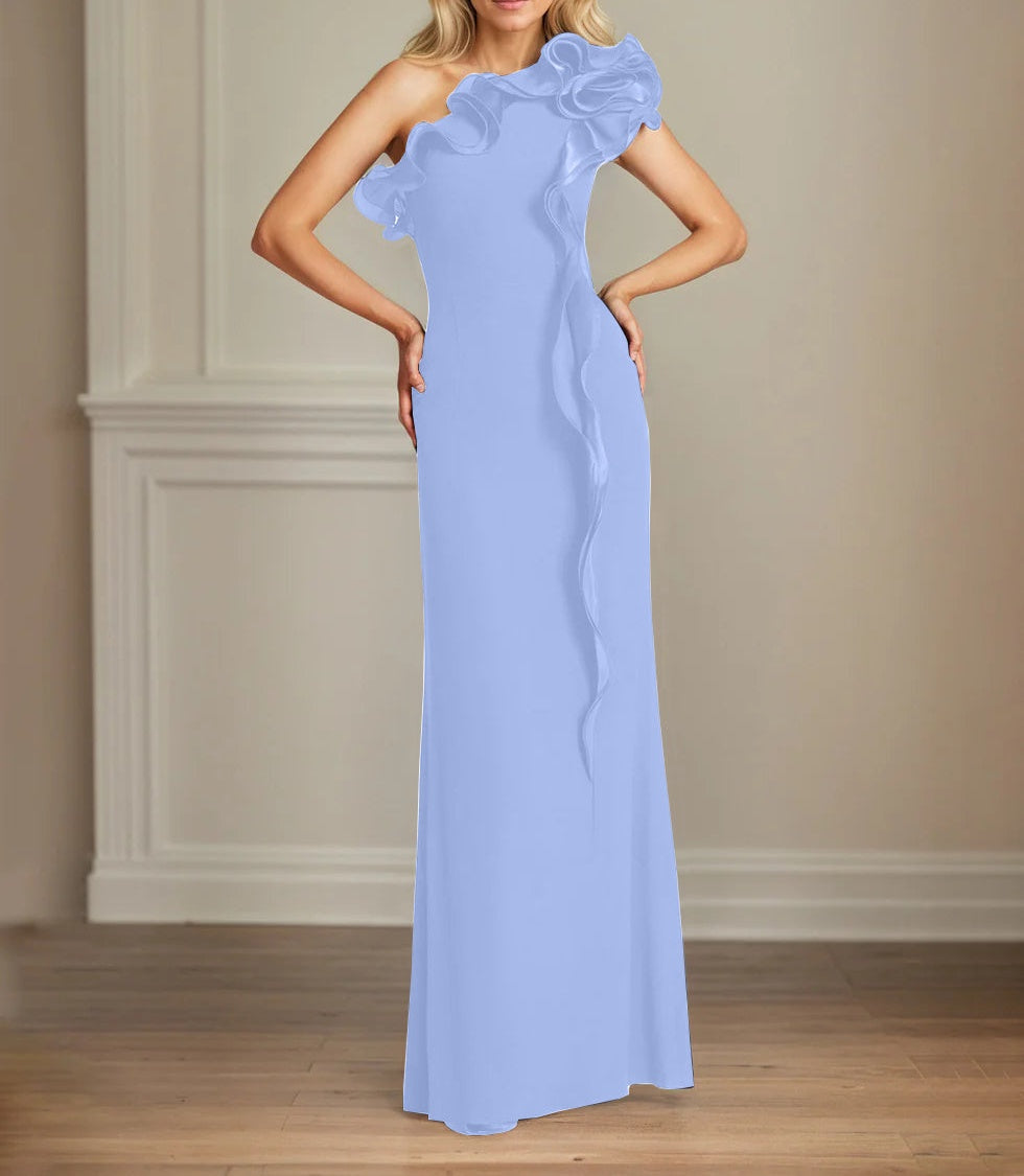 Navy Stretch Crepe Sheath/Column One Shoulder Floor Length Mother of the Bride Dresses With Ruffles