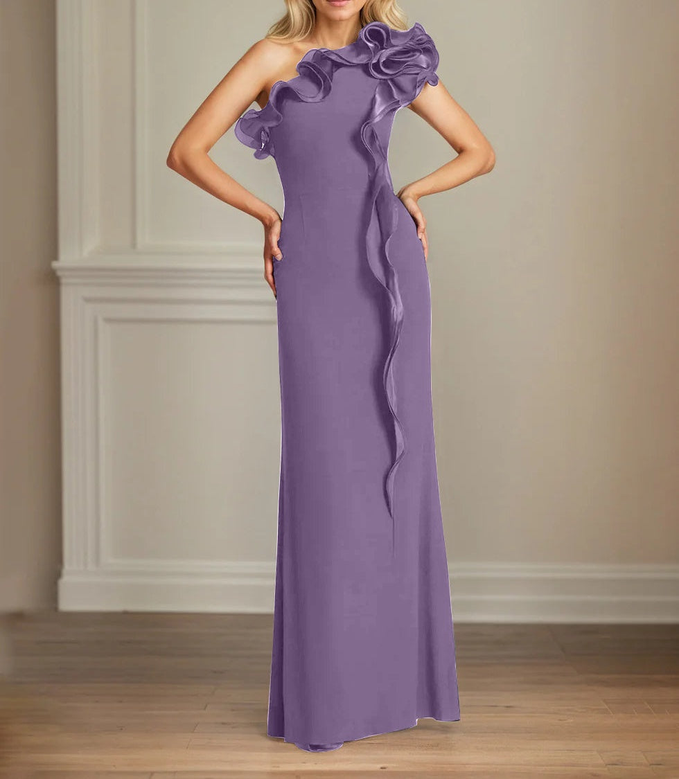 Navy Stretch Crepe Sheath/Column One Shoulder Floor Length Mother of the Bride Dresses With Ruffles