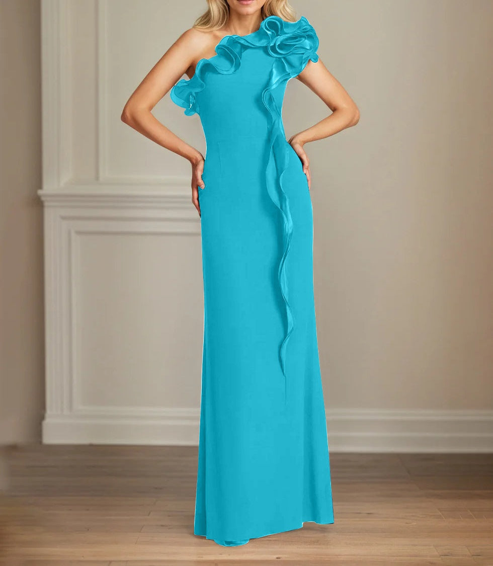 Navy Stretch Crepe Sheath/Column One Shoulder Floor Length Mother of the Bride Dresses With Ruffles